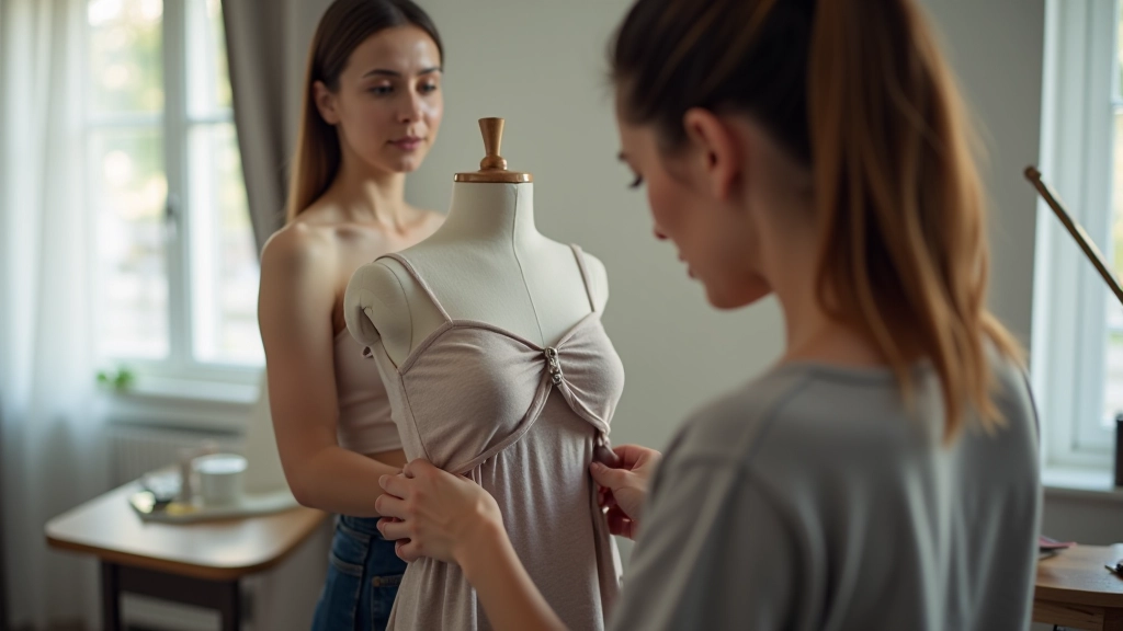 Žena v rozepjatém oděvu stojí u zrcadla a kontroluje, jak jí střih sedí